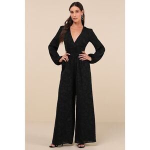 Lulus Ravishing Marvel Black Burnout Floral Cutout Wide-leg Jumpsuit - Size M